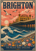 The Great Wave — Brighton art print: woodblock-style Palace Pier at sunset with a Hokusai-style breaking wave, gulls and pebbles in coral pink and deep blue
