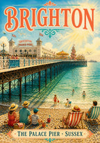The Palace Pier — Brighton art print: soft watercolour of Brighton Palace Pier in summer with helter-skelter and carousel, families on the pebble beach, aqua sea and cream sky