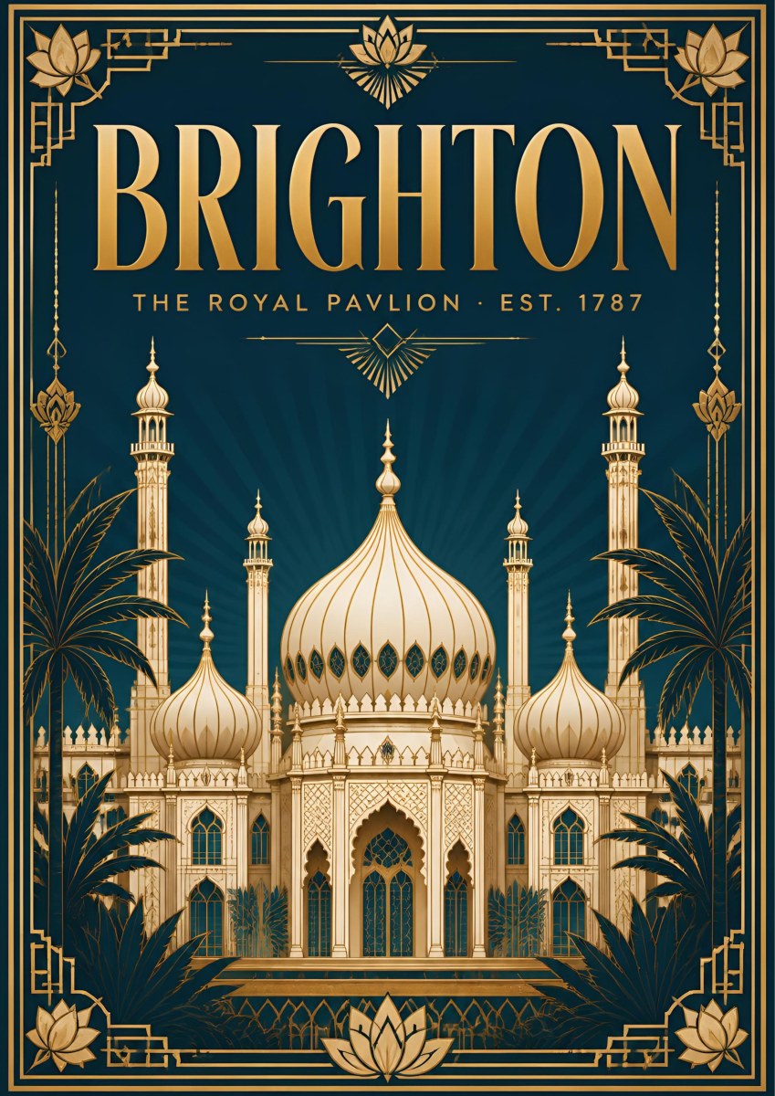 The Royal Pavilion — Brighton art print: art deco Royal Pavilion in gold on petrol blue, onion domes, minarets, palms and lotus motifs