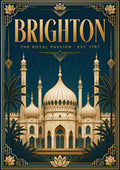 The Royal Pavilion — Brighton art print: art deco Royal Pavilion in gold on petrol blue, onion domes, minarets, palms and lotus motifs