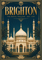 The Royal Pavilion — Brighton art print: art deco Royal Pavilion in gold on petrol blue, onion domes, minarets, palms and lotus motifs