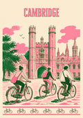 Bicycles At Trinity — Cambridge art print: risograph-style pink and green print of three cyclists riding past Trinity's Great Gate, with a border of bicycles