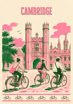 Bicycles At Trinity — Cambridge art print: risograph-style pink and green print of three cyclists riding past Trinity's Great Gate, with a border of bicycles