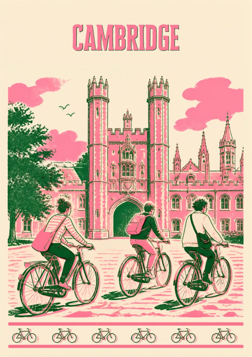 Bicycles At Trinity — Cambridge art print: risograph-style pink and green print of three cyclists riding past Trinity's Great Gate, with a border of bicycles