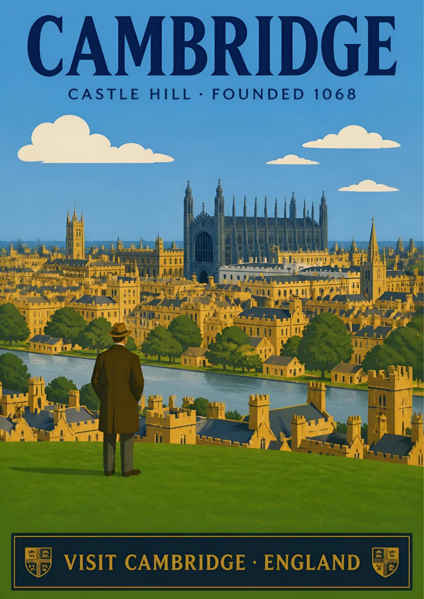 Castle Hill — Cambridge art print: a man in overcoat and hat looking out from Castle Hill over the honey-stone colleges, the Cam and King's Chapel under a blue sky