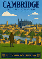 Castle Hill — Cambridge art print: a man in overcoat and hat looking out from Castle Hill over the honey-stone colleges, the Cam and King's Chapel under a blue sky
