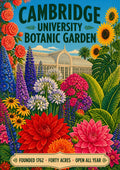 Forty Acres — Cambridge art print: vivid glasshouse at the University Botanic Garden behind a riot of dahlias, sunflowers, delphiniums and agapanthus