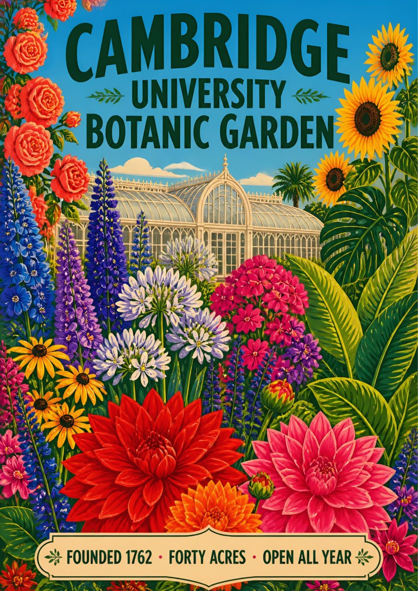 Forty Acres — Cambridge art print: vivid glasshouse at the University Botanic Garden behind a riot of dahlias, sunflowers, delphiniums and agapanthus