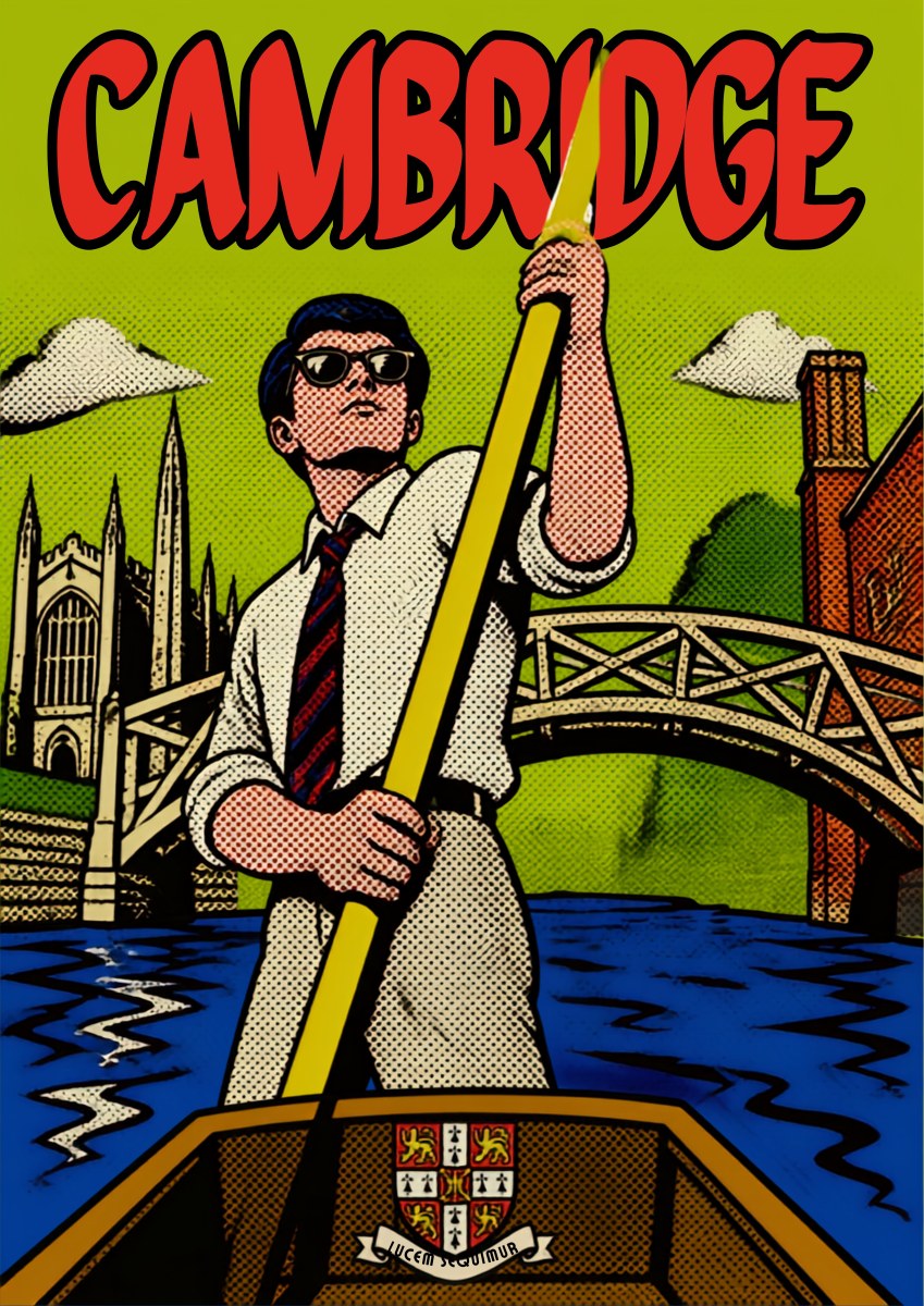 Mathematical Bridge — Cambridge art print: pop-art punter in shirt and tie poling past the Mathematical Bridge and King's Chapel, acid green sky and blue water