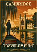 Travel By Punt — Cambridge art print: a boater-hatted punter poling past King's College Chapel at sunset, willow fronds overhead, in burnt orange and deep green