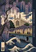 Wisteria And Wave — Cambridge art print: woodblock King's College Chapel framed by cascading wisteria, gowned students and punts on an indigo Cam with a cresting wave