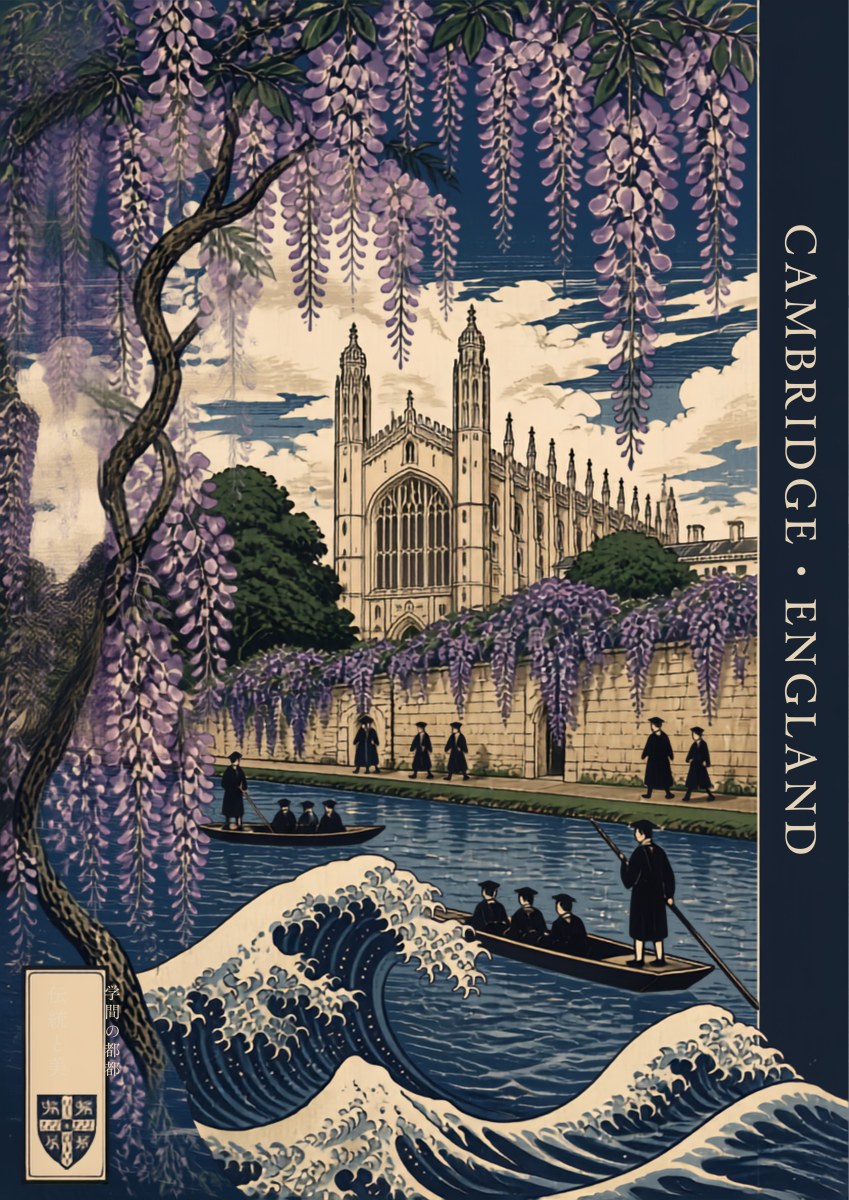 Wisteria And Wave — Cambridge art print: woodblock King's College Chapel framed by cascading wisteria, gowned students and punts on an indigo Cam with a cresting wave