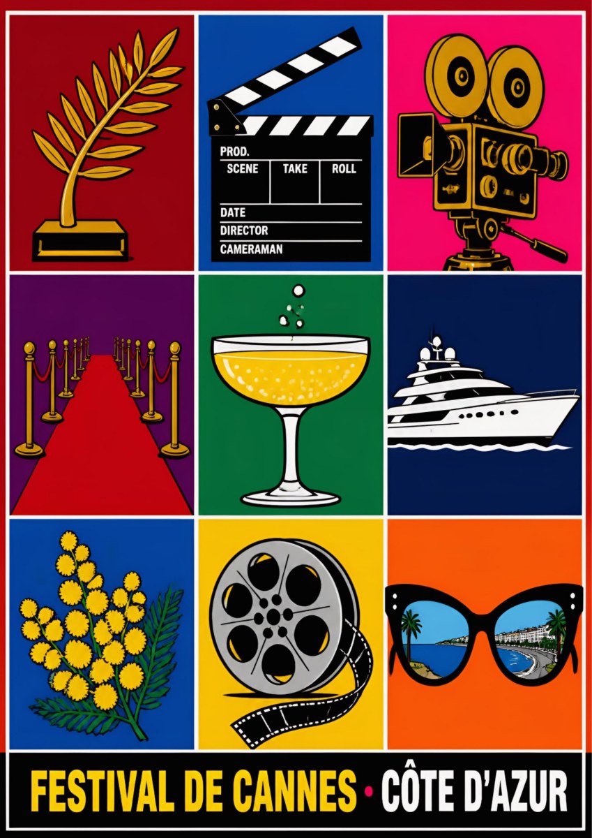 Festival de Cannes — Cannes art print: nine bold icon panels of film festival symbols - Palme d'Or, clapperboard, camera, red carpet, champagne, yacht, mimosa