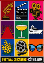 Festival de Cannes — Cannes art print: nine bold icon panels of film festival symbols - Palme d'Or, clapperboard, camera, red carpet, champagne, yacht, mimosa