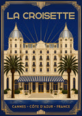 La Croisette — Cannes art print: a twin-domed belle époque grand hotel behind palms, navy and gold art deco frame