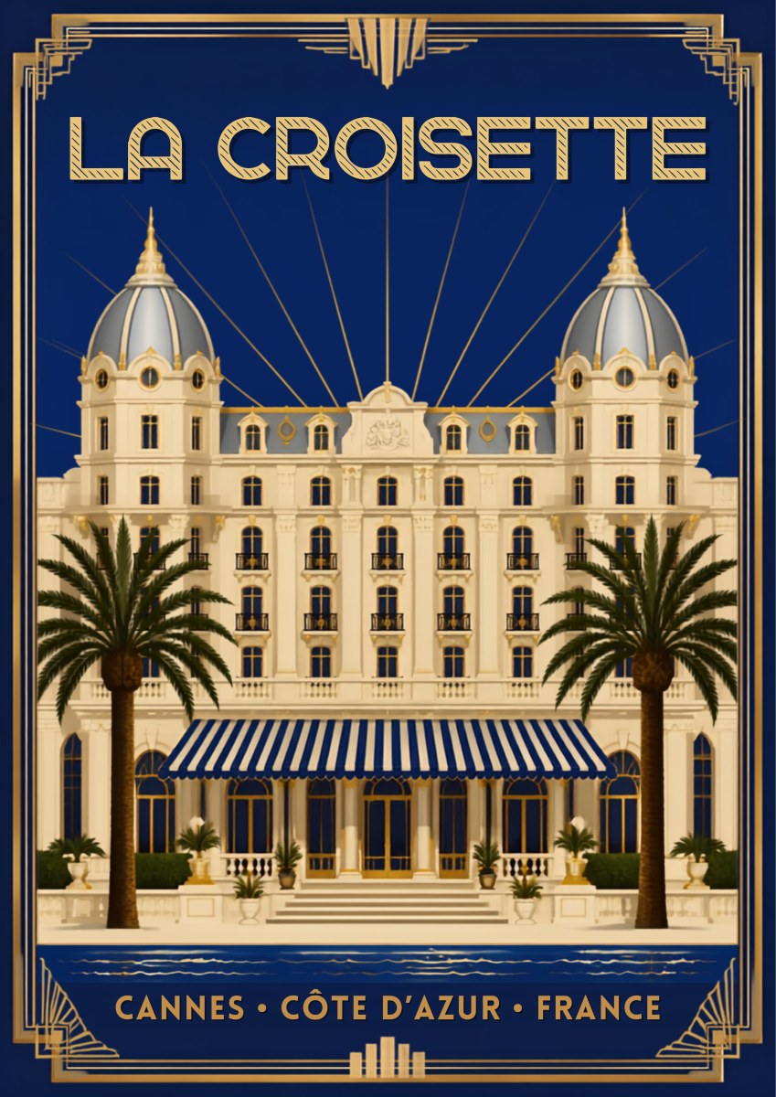 La Croisette — Cannes art print: a twin-domed belle époque grand hotel behind palms, navy and gold art deco frame