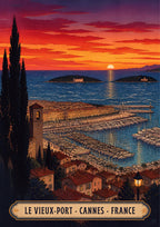 Le Vieux-Port — Cannes art print: the old port and marina from the hill at sunset, packed masts, terracotta roofs, blazing orange and crimson sky