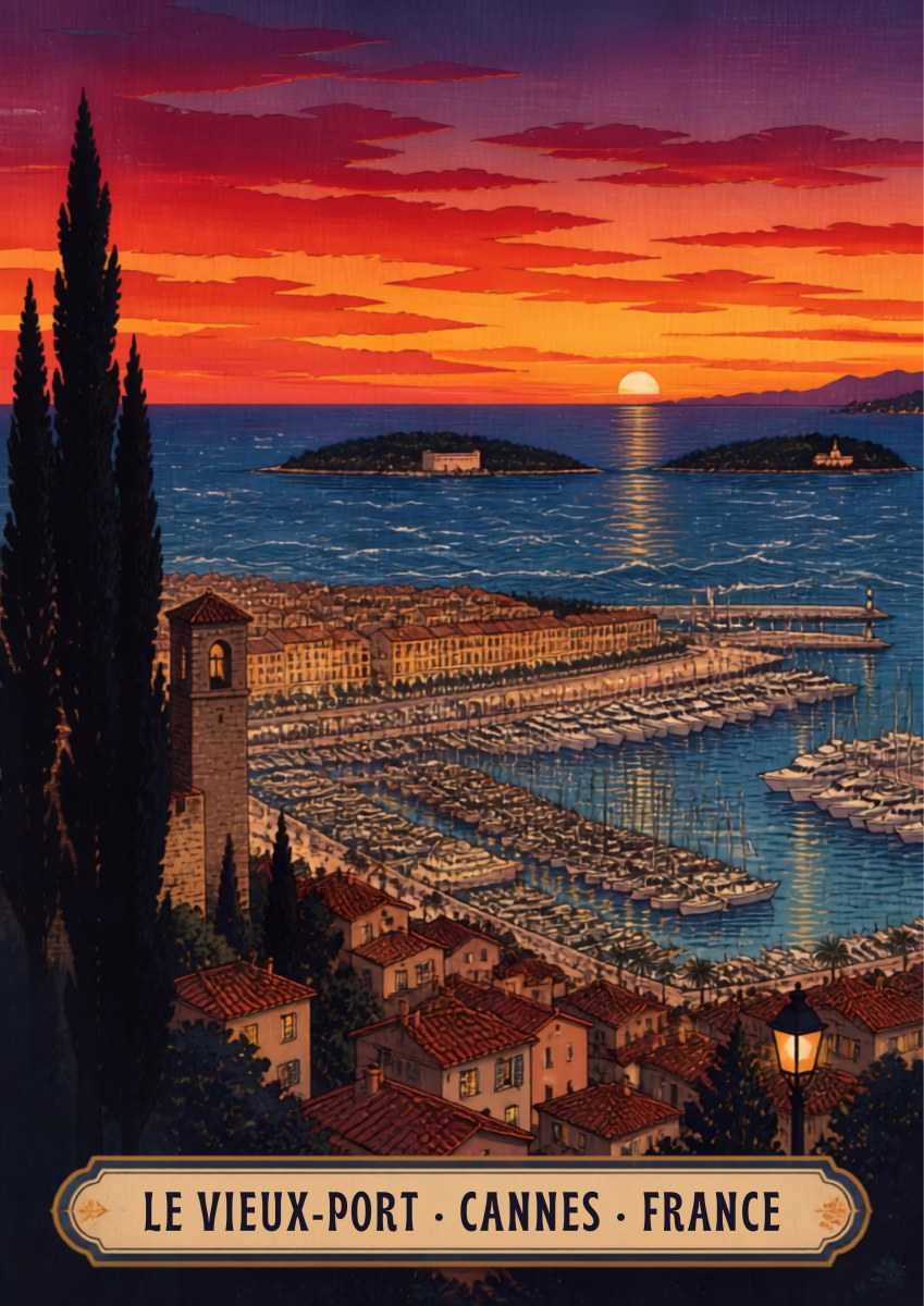 Le Vieux-Port — Cannes art print: the old port and marina from the hill at sunset, packed masts, terracotta roofs, blazing orange and crimson sky