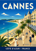 Les Élégants — Cannes art print: elegant 1930s strollers in white along the palm-lined seafront, blue-striped parasols on the sand, turquoise bay