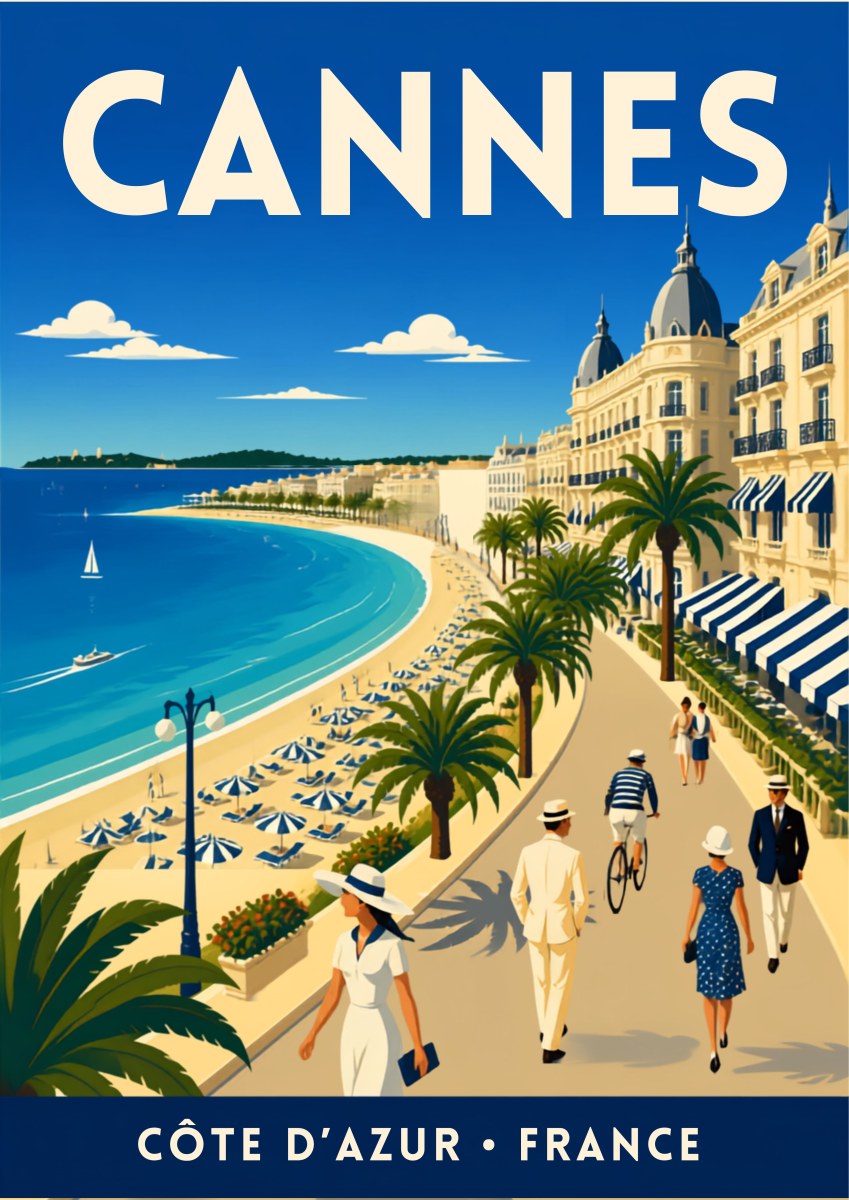 Les Élégants — Cannes art print: elegant 1930s strollers in white along the palm-lined seafront, blue-striped parasols on the sand, turquoise bay