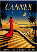 Les Marches — Cannes art print: a woman in a red gown on golden steps above the moonlit bay, palms and starry night sky