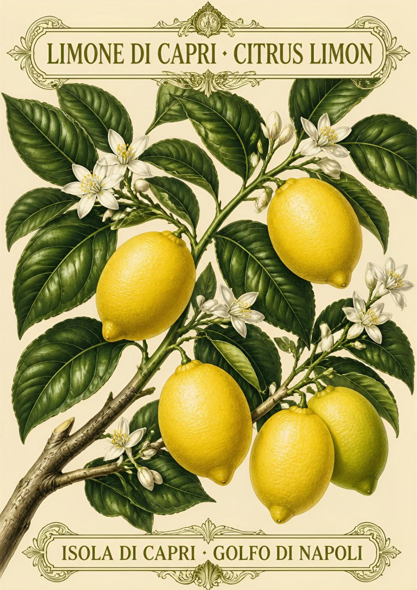Citrus Limon — Capri art print: vintage botanical plate of a Capri lemon branch with fruit, blossom and dark green leaves on a cream ground