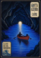 Grotta Azzurra — Capri art print: rowing boat inside the Blue Grotto looking out to the glowing cave mouth; near-black cave walls, electric blue water, orange boat