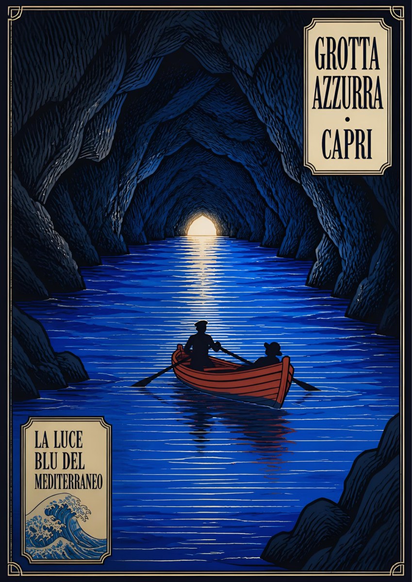 Grotta Azzurra — Capri art print: rowing boat inside the Blue Grotto looking out to the glowing cave mouth; near-black cave walls, electric blue water, orange boat