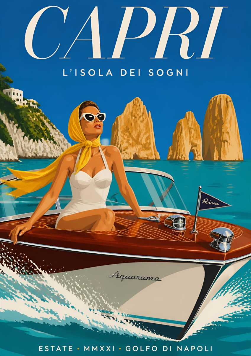 L'Isola Dei Sogni — Capri art print: glamorous woman in white swimsuit and yellow headscarf in a Riva Aquarama speedboat passing the Faraglioni; bright blue sky, turquoise sea, mahogany hull
