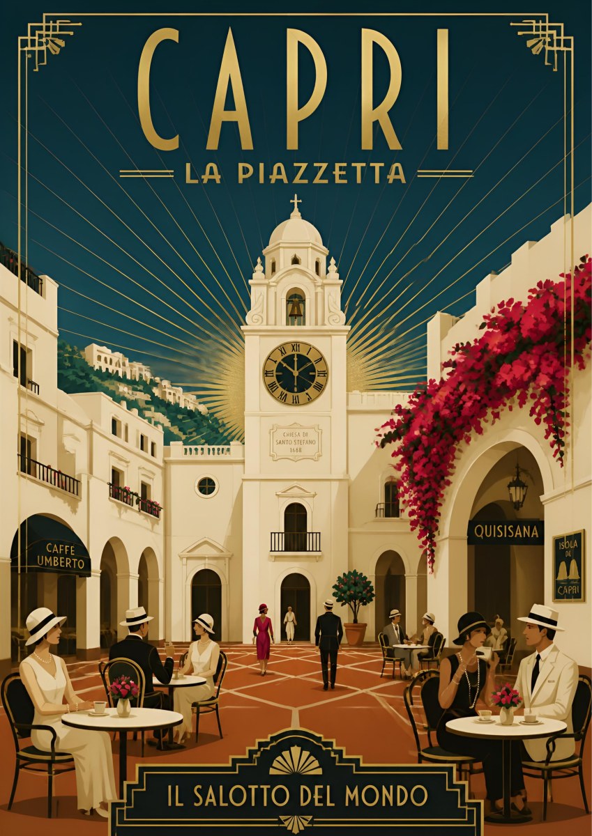 La Piazzetta — Capri art print: art Deco view of the Piazzetta with the Santo Stefano clock tower, cafe tables and 1920s couples; teal sky, gold lettering, cream buildings, magenta bougainvillea