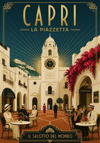 La Piazzetta — Capri art print: art Deco view of the Piazzetta with the Santo Stefano clock tower, cafe tables and 1920s couples; teal sky, gold lettering, cream buildings, magenta bougainvillea