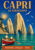 Le Faraglioni — Capri art print: the Faraglioni sea stacks with an arch, seagulls and a red rowing boat with two boatmen; deep cobalt sky, cream rock, turquoise sea