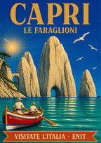 Le Faraglioni — Capri art print: the Faraglioni sea stacks with an arch, seagulls and a red rowing boat with two boatmen; deep cobalt sky, cream rock, turquoise sea