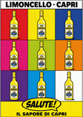 Limoncello Pop — Capri art print: pop-art grid of nine limoncello bottles on primary colour blocks with a SALUTE! speech bubble; bold yellow, red, blue and pink