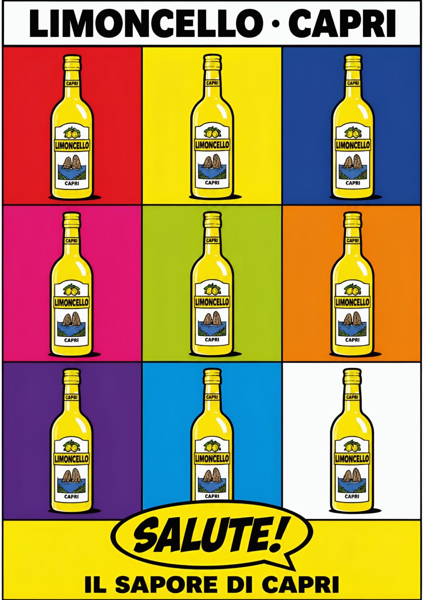 Limoncello Pop — Capri art print: pop-art grid of nine limoncello bottles on primary colour blocks with a SALUTE! speech bubble; bold yellow, red, blue and pink