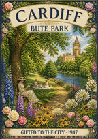Bute Park — Cardiff art print: lush painted parkland with a family picnicking under trees by the Taff, castle clock tower beyond, borders of roses and delphiniums