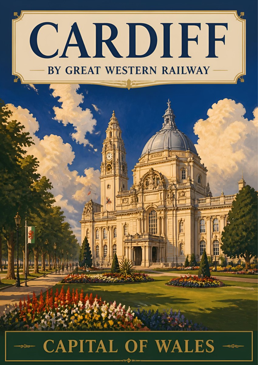 Capital Of Wales — Cardiff art print: cardiff City Hall's white Portland stone dome and clock tower above formal flowerbeds, deep blue sky, Great Western Railway lettering