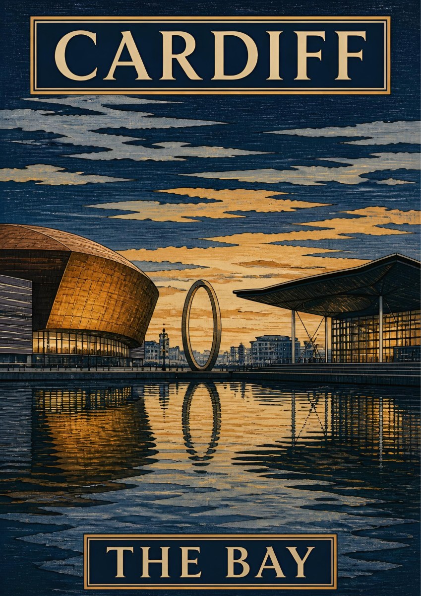 The Bay — Cardiff art print: woodblock dusk view of Cardiff Bay with the Millennium Centre and Senedd reflected in still water, navy and warm gold