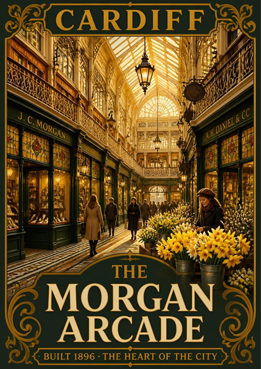 The Morgan Arcade — Cardiff art print: warm golden Victorian shopping arcade with glass roof, lanterns, green shopfronts and buckets of daffodils