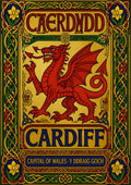 The Red Dragon — Cardiff art print: illuminated Welsh dragon in scarlet on gold within a Celtic knotwork border of green, red and blue with daffodil roundels