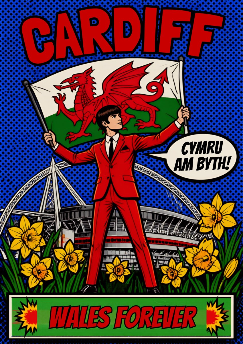 Wales Forever — Cardiff art print: comic-strip fan in a red suit waving the Welsh flag before the stadium, daffodils and blue halftone background