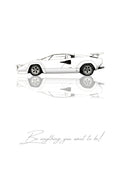 Be Anything You Want To Be – Bianco art print: a cream white Lamborghini Countach drawn flat in side profile, sharp wedge shape and rear wing raised, floating over its own soft mirrored reflection, on a clean off white ground, with the handwritten line Be anything you want to be! beneath