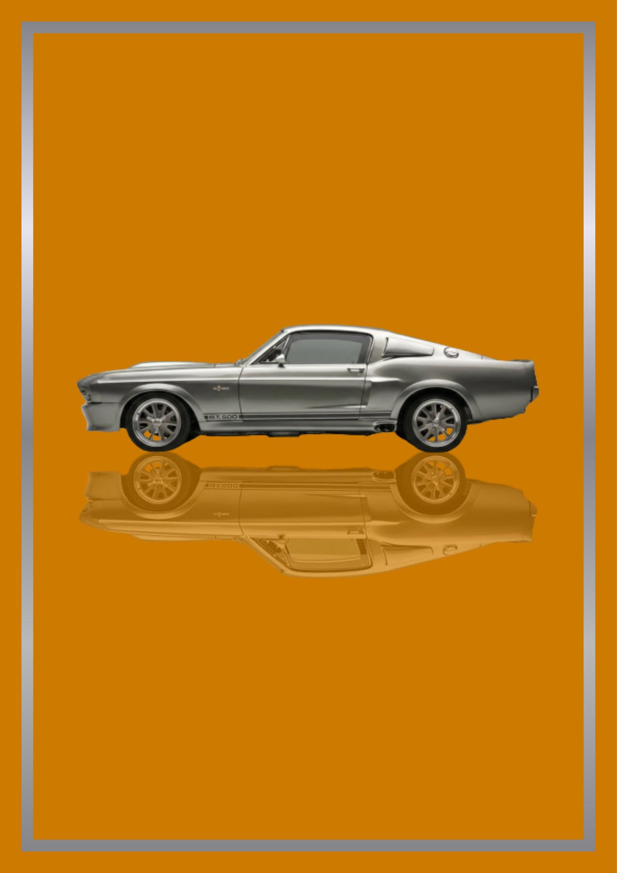 Eleanor – Amber Gold art print: a silver 1967 Mustang fastback in flat side profile with side scoops and five-spoke wheels picked out in chrome, floating over its own soft mirrored reflection, inside a thin metallic border, set on a burnt amber gold ground