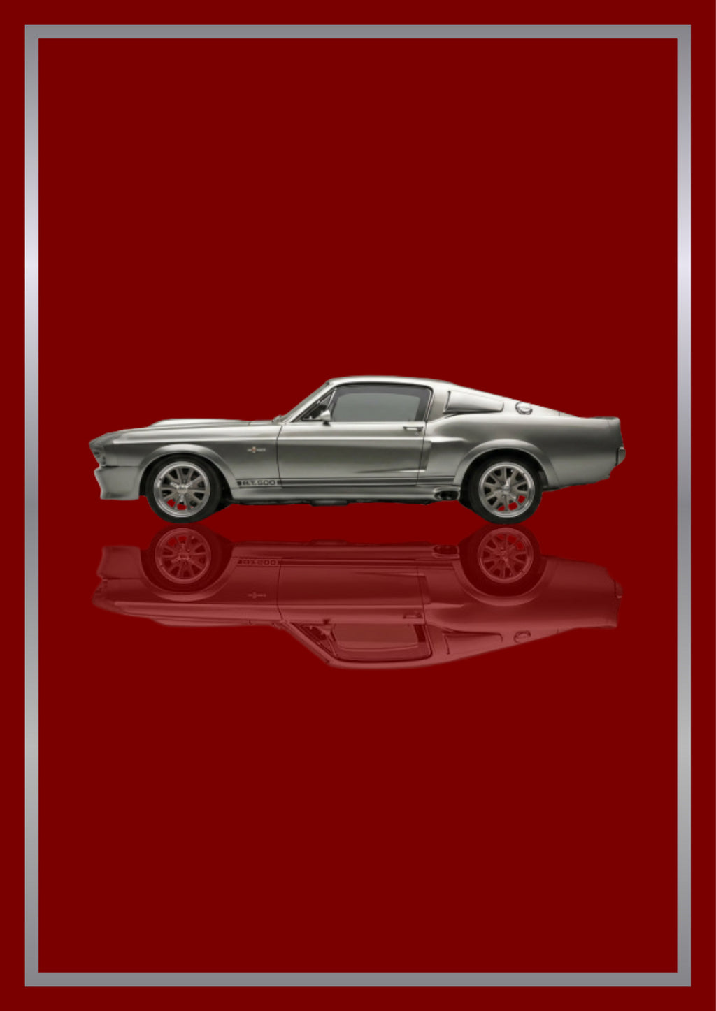 Eleanor – Deep Crimson art print: a silver 1967 Mustang fastback in flat side profile with side scoops and five-spoke wheels picked out in chrome, floating over its own soft mirrored reflection, inside a thin metallic border, set on a deep crimson ground
