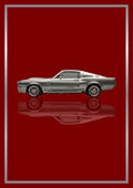 Eleanor – Deep Crimson art print: a silver 1967 Mustang fastback in flat side profile with side scoops and five-spoke wheels picked out in chrome, floating over its own soft mirrored reflection, inside a thin metallic border, set on a deep crimson ground