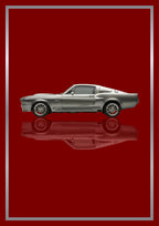 Eleanor – Deep Crimson art print: a silver 1967 Mustang fastback in flat side profile with side scoops and five-spoke wheels picked out in chrome, floating over its own soft mirrored reflection, inside a thin metallic border, set on a deep crimson ground