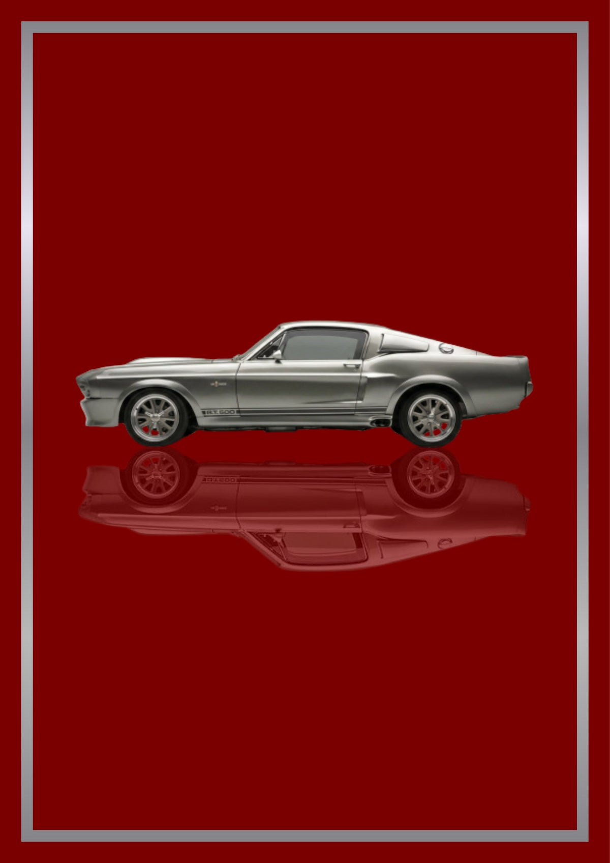 Eleanor – Deep Crimson art print: a silver 1967 Mustang fastback in flat side profile with side scoops and five-spoke wheels picked out in chrome, floating over its own soft mirrored reflection, inside a thin metallic border, set on a deep crimson ground