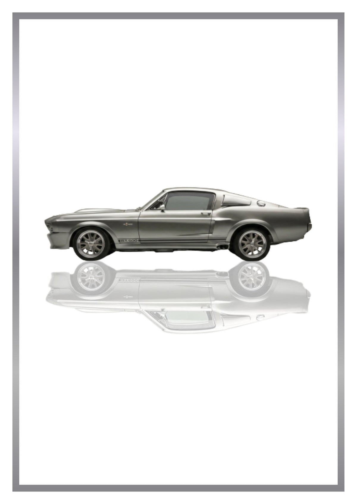 Eleanor – Pure White art print: a silver 1967 Mustang fastback in flat side profile with side scoops and five-spoke wheels picked out in chrome, floating over its own soft mirrored reflection, inside a thin metallic border, set on a clean white ground