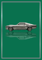 Eleanor – Racing Green art print: a silver 1967 Mustang fastback in flat side profile with side scoops and five-spoke wheels picked out in chrome, floating over its own soft mirrored reflection, inside a thin metallic border, set on a classic racing green ground
