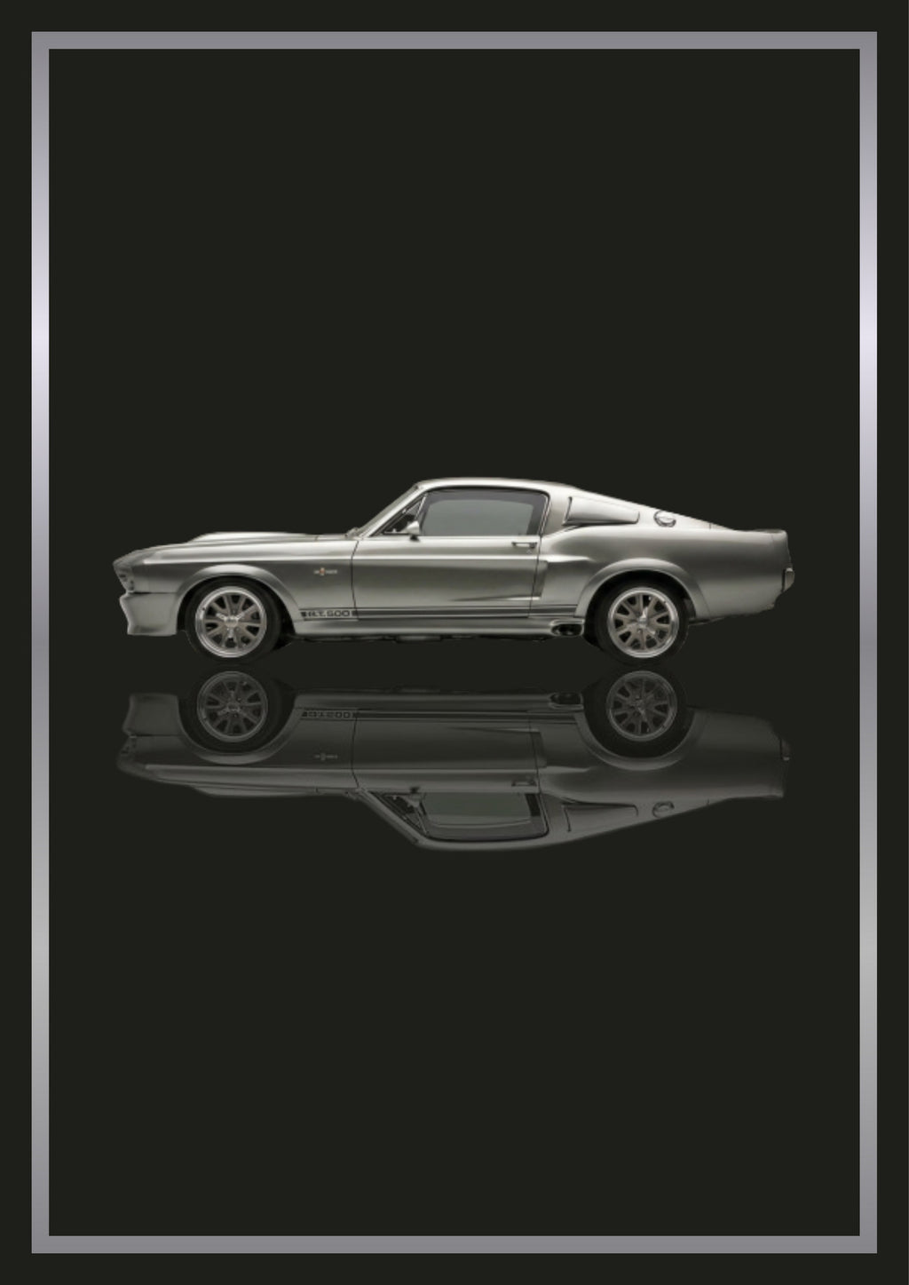Eleanor – Tarmac Black art print: a silver 1967 Mustang fastback in flat side profile with side scoops and five-spoke wheels picked out in chrome, floating over its own soft mirrored reflection, inside a thin metallic border, set on a near black ground